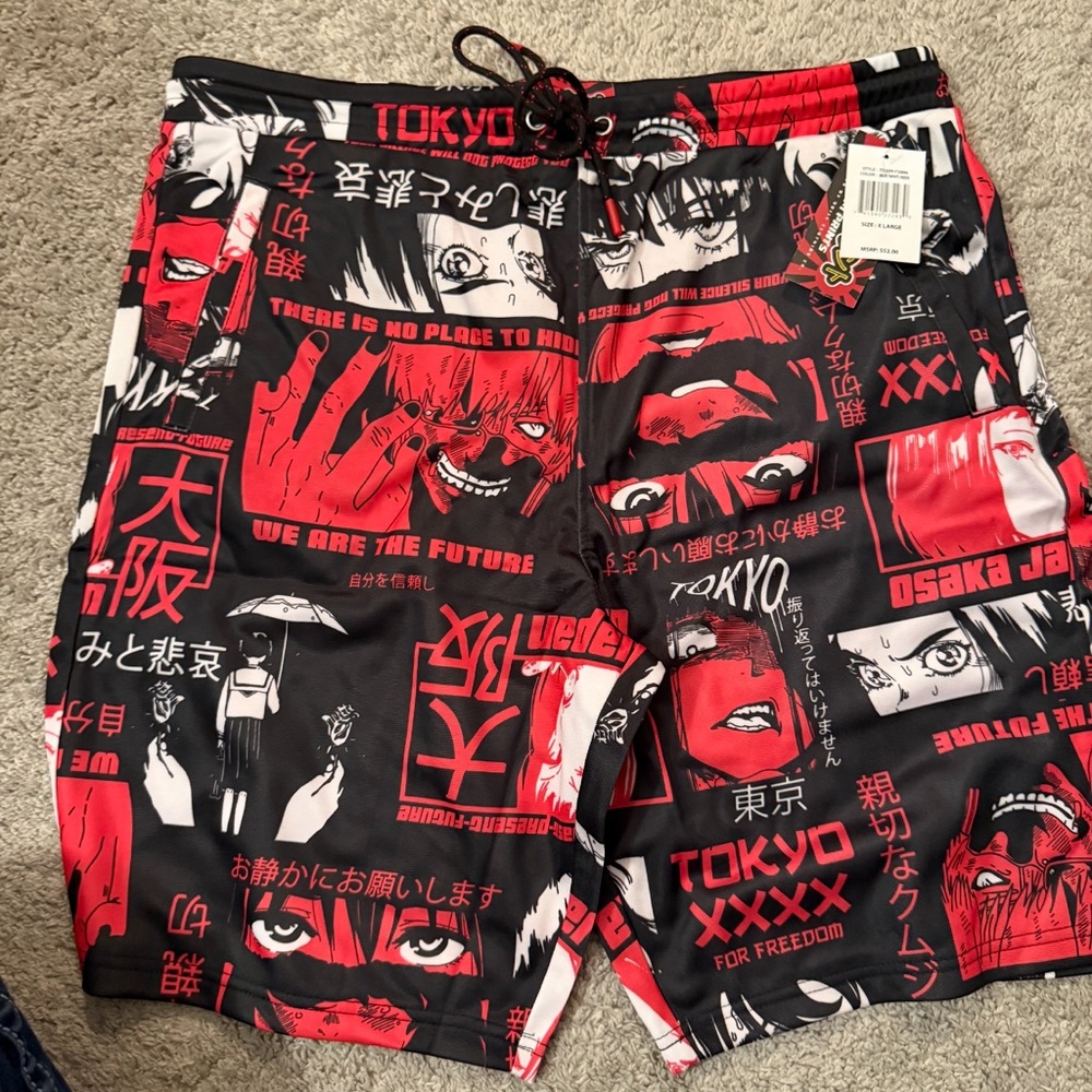 Tokyo Graphic Red and Black Athletic Shorts